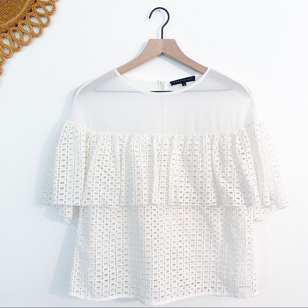 Abbey Glass Luxury Eyelet Mesh Top Floating Ruffle Illusion Blouse White Medium